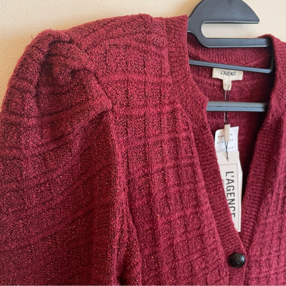 L’AGENCE NWT Jenni Striped Button Front Cardigan Large waffle knit puff sleeves - Picture 4 of 12